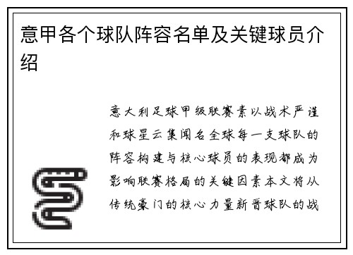 意甲各个球队阵容名单及关键球员介绍