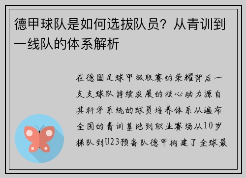 德甲球队是如何选拔队员？从青训到一线队的体系解析